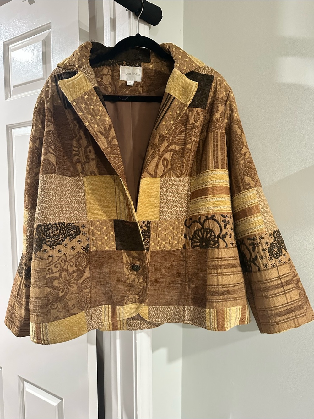 erin london vintage Patchwork Bouclé Blazer in Brown & Gold